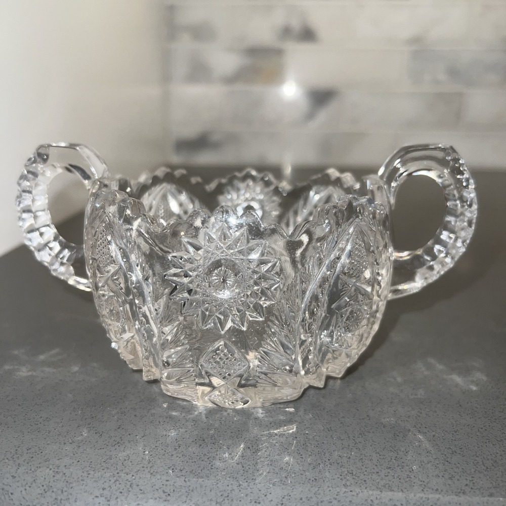 Vtg American Brilliant Period Cut Glass Sugar Bowl Double Handle Sawtooth